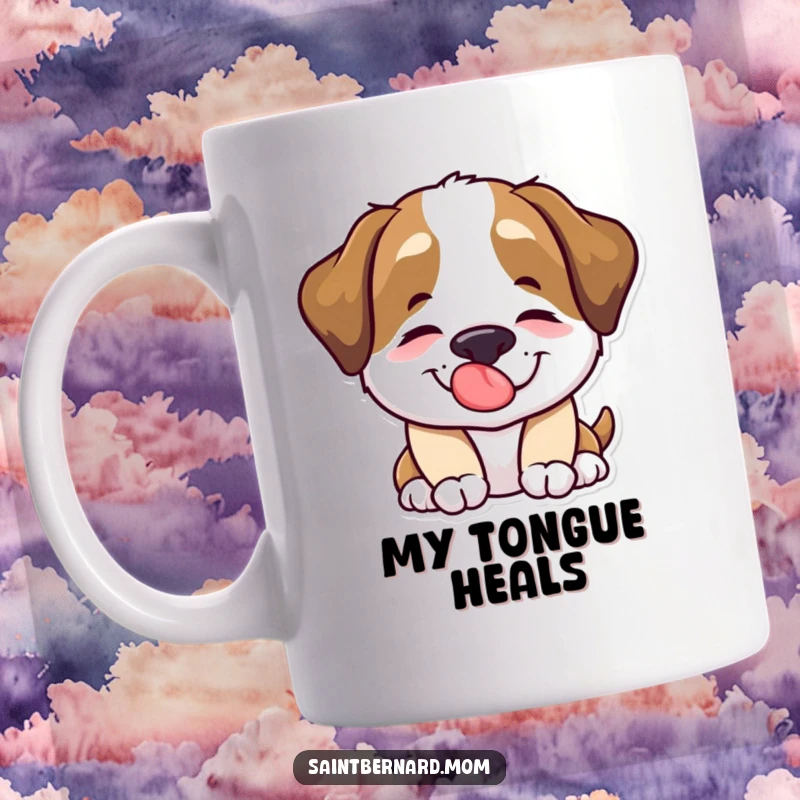 Funny Saint Bernard dog character happily offering a large, comforting lick on a mug.