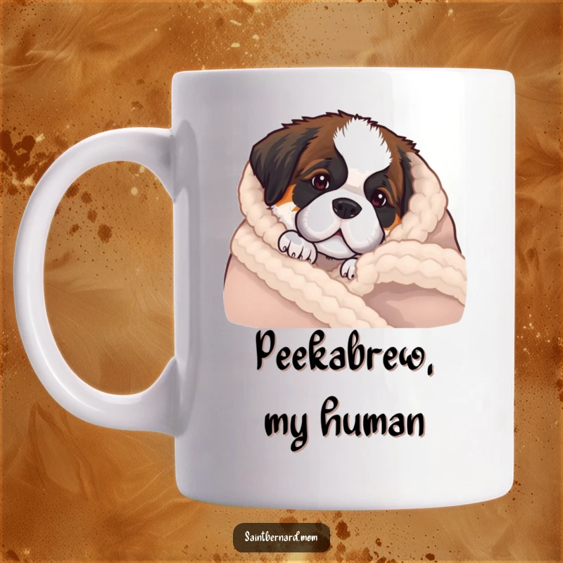 Funny Saint Bernard puppy mug showing a cute dog's face peeking out from behind a soft, warm wool blanket.