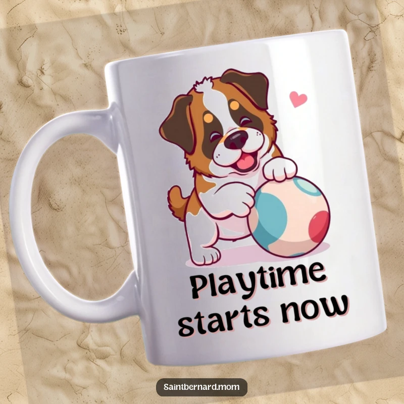 Funny Saint Bernard Lady Mug featuring a dog playfully nudging a rolling ball, conveying a sense of joy and active fun.