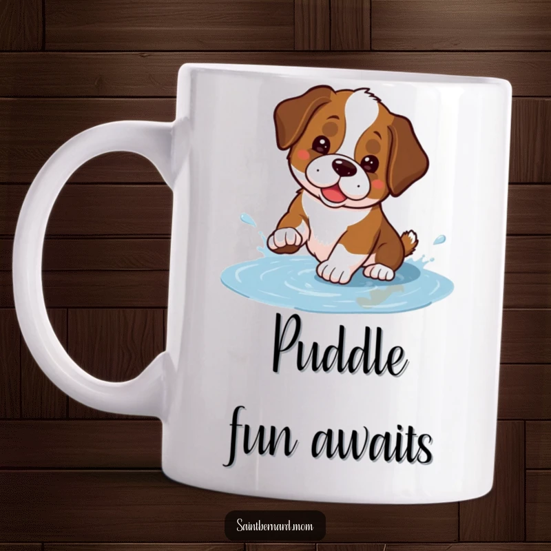 Funny Kawaii Saint Bernard mug showing a cute dog playfully splashing in a small puddle, capturing joyous water fun.