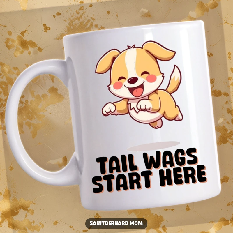 Funny mug showing an energetic dog character joyfully bounding, tail held high and wagging, radiating excitement and pure bliss.