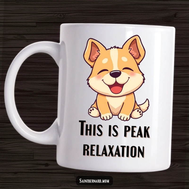 Funny mug featuring a content dog sighing happily, showcasing ultimate relaxation and peacefulness for dog lovers.