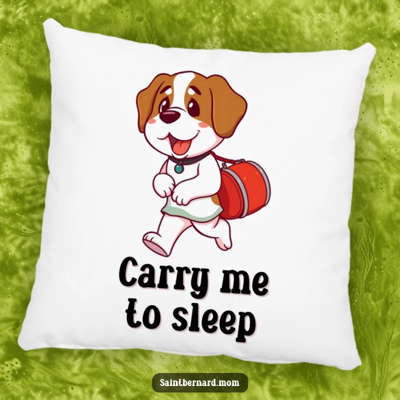Funny Saint Bernard Lady Pillow featuring a dog holding a small red barrel, perfect for adding a touch of helpfulness to any room.