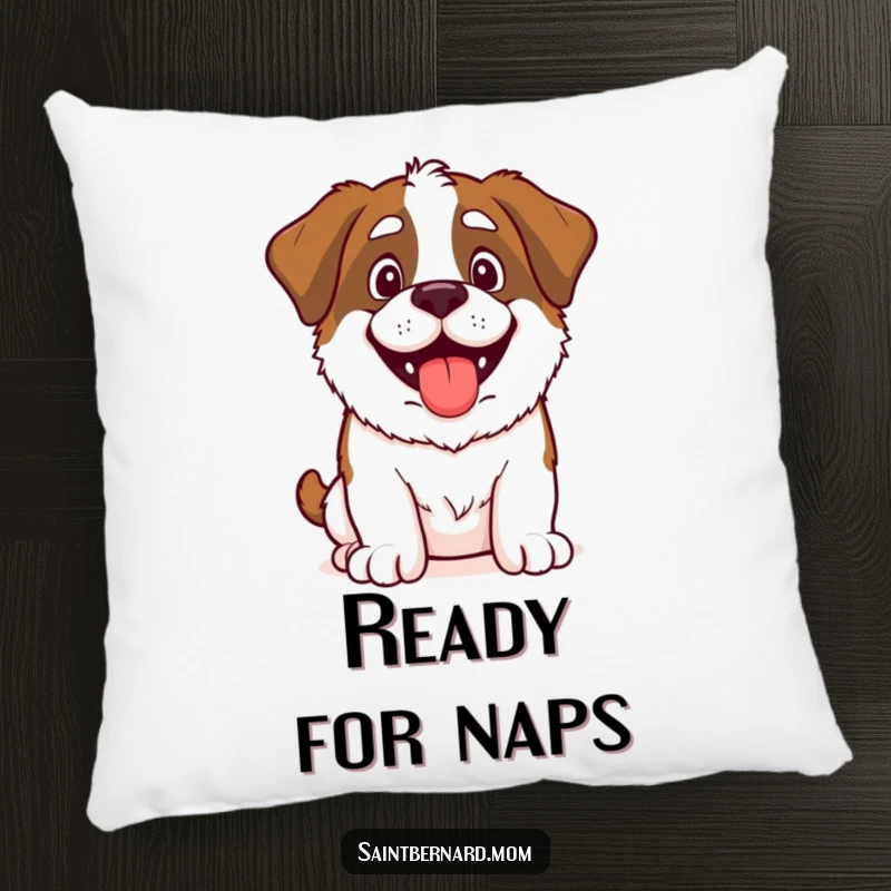 Funny Saint Bernard pillow featuring a happy, panting dog, ready for adventure and offering a soft, comfortable accent piece.