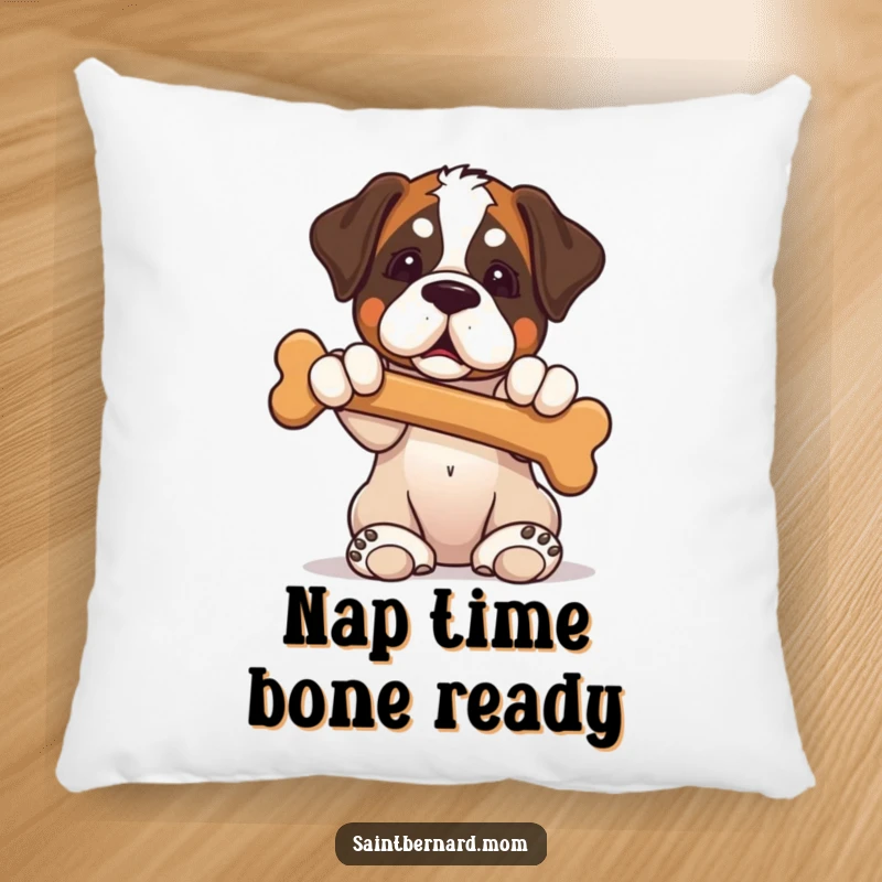 Funny Saint Bernard puppy pillow featuring a dog sitting with paws up, offering a bone, perfect for adding charm.