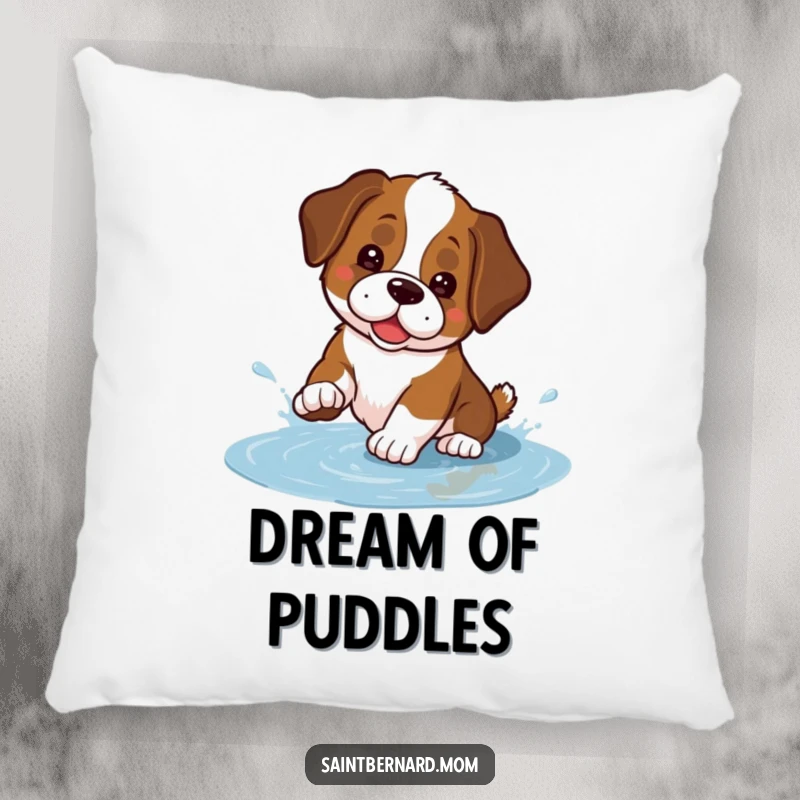 Funny Kawaii Saint Bernard pillow featuring a cute dog playfully splashing in a small puddle, adding comfort and a humorous water theme.