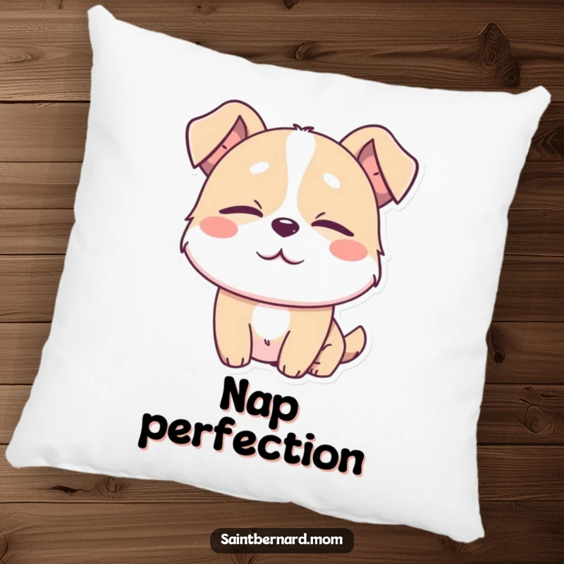 Funny pillow showcasing a dog character with eyes half-closed in absolute contentment, perfect for cozying up with ultimate peace.