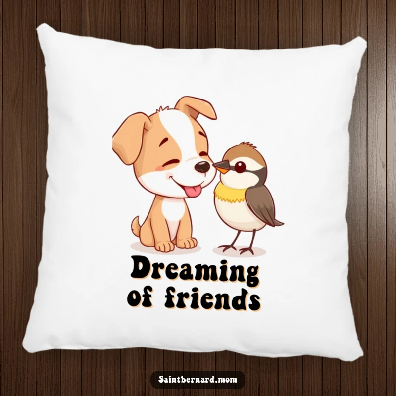 Funny Pillow: A dog gently offers a lick to a tiny, curious bird, bringing comfort and gentle humor to any space.