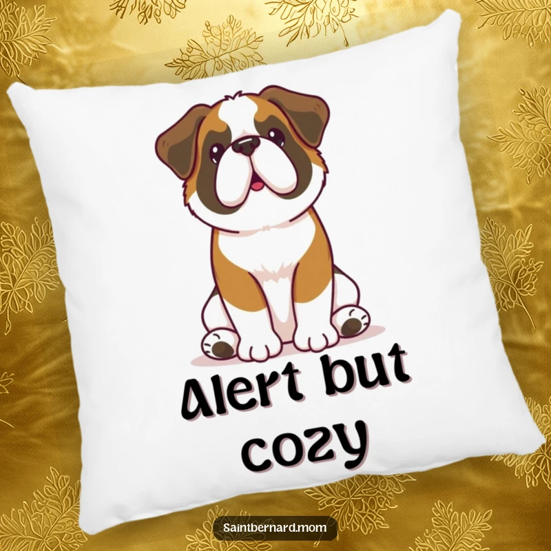 Funny Kawaii Saint Bernard pillow featuring a large dog sitting attentively with perked ears, offering soft comfort and humorous loyalty.