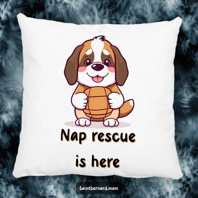 Funny Kawaii Saint Bernard pillow, showcasing a smiling dog with a small barrel, offering soft comfort and cute decor.