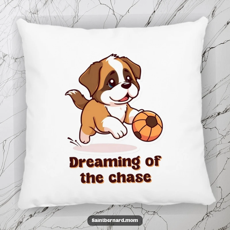 Funny Kawaii Saint Bernard pillow featuring a dog with a determined look, chasing a rolling ball, offering soft comfort and playful humor.