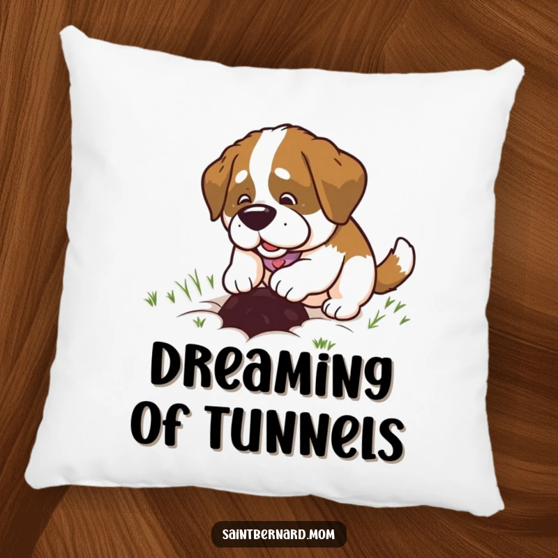 Funny Saint Bernard Lady Pillow, happily digging a small hole with infectious joy, offering comfort and a humorous design.