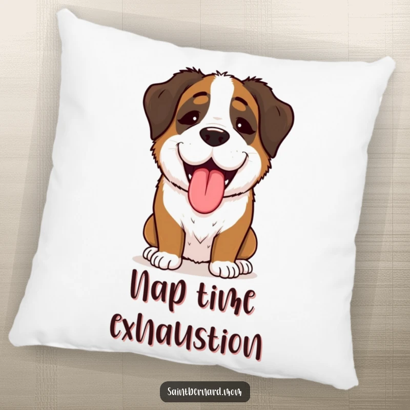 Funny Saint Bernard Lady Pillow, enthusiastically panting with infectious joy, a soft and humorous decorative accent.