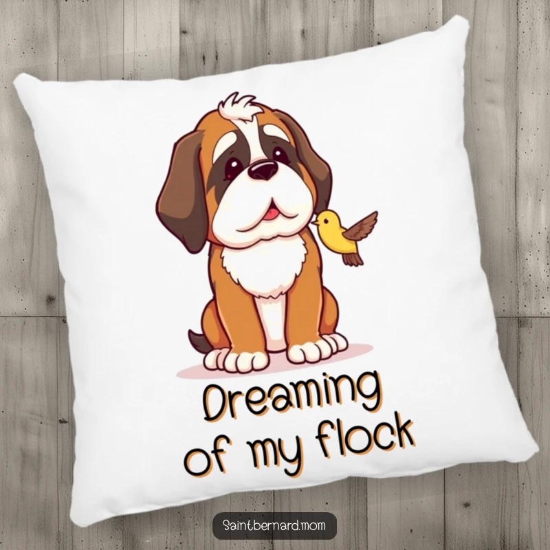 Funny Saint Bernard pillow showing a dog protectively looking at a small bird, adding comfort and character.