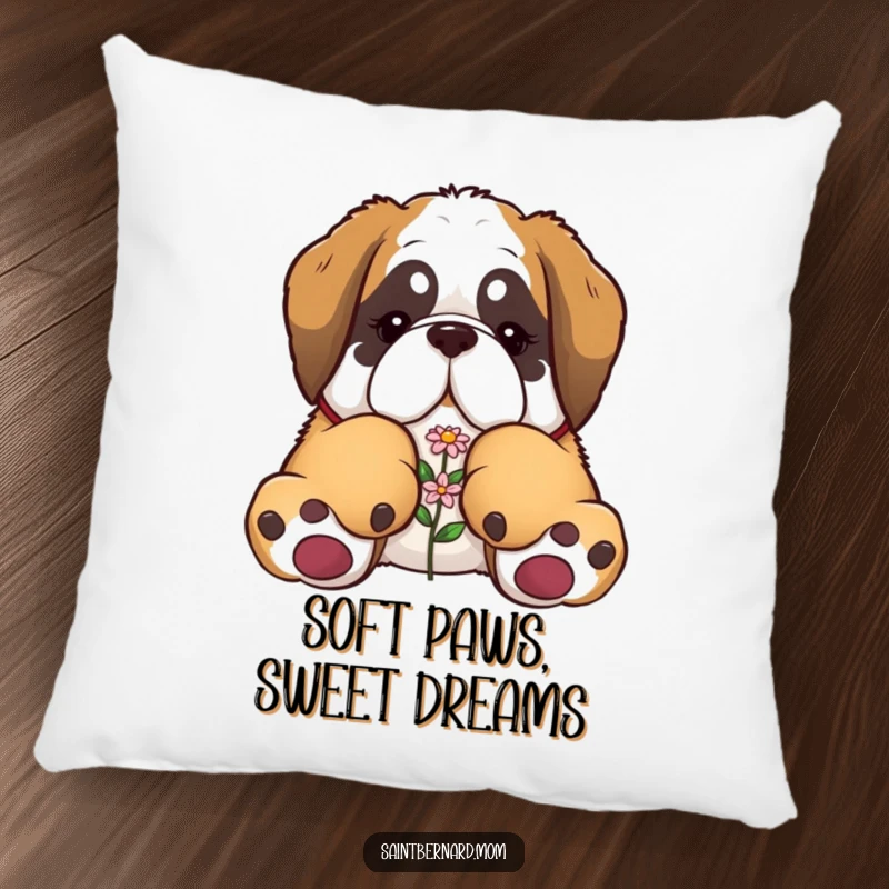 Funny Saint Bernard pillow featuring a dog with huge paws gently holding a tiny flower, perfect for cozying up.