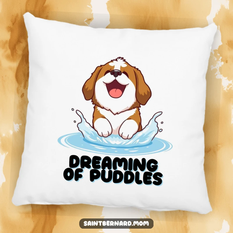 Funny Saint Bernard pillow depicting a happy Saint Bernard dog joyfully splashing in water, offering cozy comfort and humor.