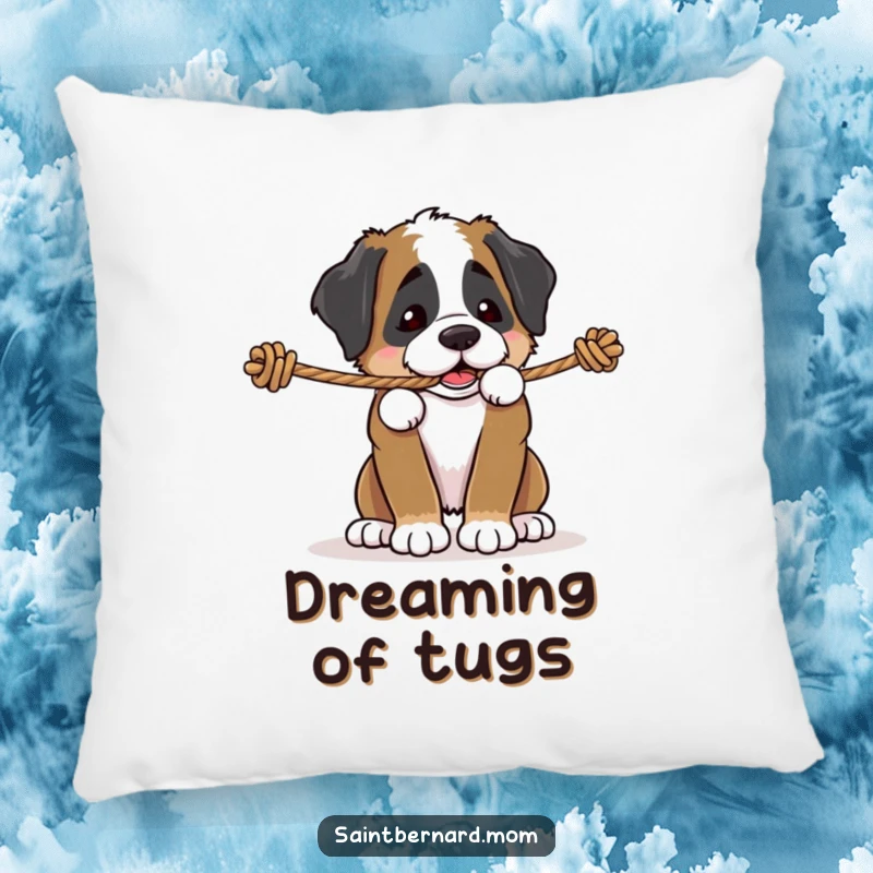 Funny Saint Bernard puppy pillow, a dog playfully tugging on a sturdy rope, soft and decorative, perfect humorous gift for dog lovers.