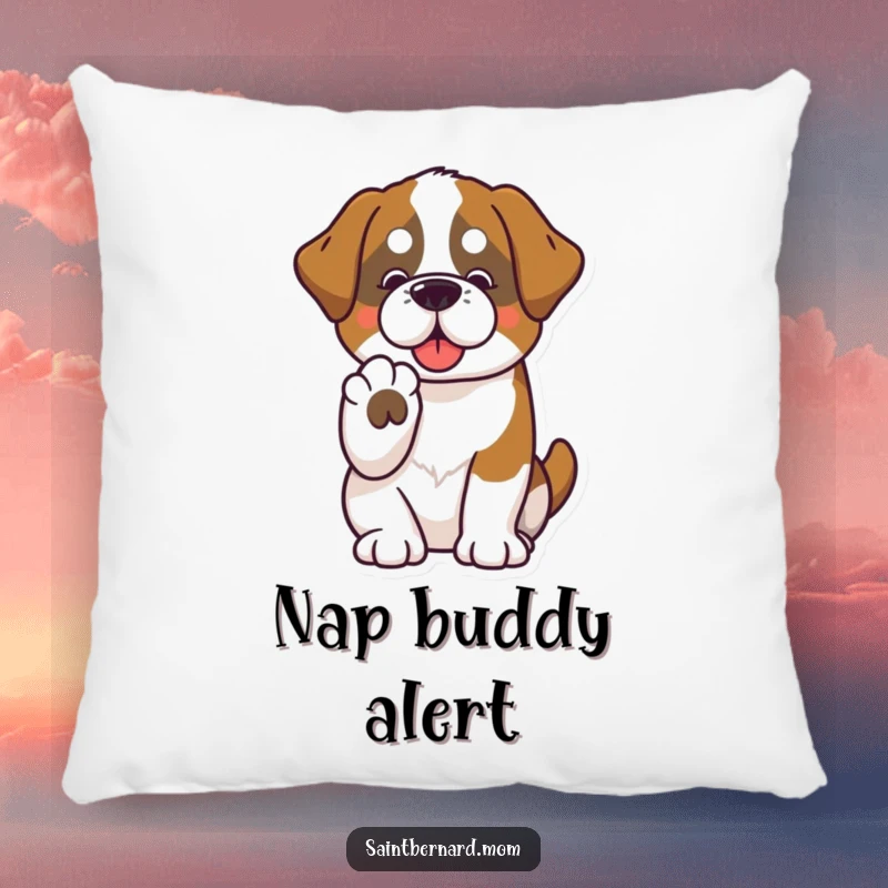 Funny Saint Bernard pillow featuring a kawaii dog offering a paw, perfect for adding a touch of friendship and soft comfort.