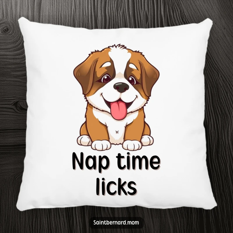 Funny Saint Bernard puppy pillow, a smiling dog offering a big lick, soft and cuddly, bringing cheerful vibes to any room, great gift.