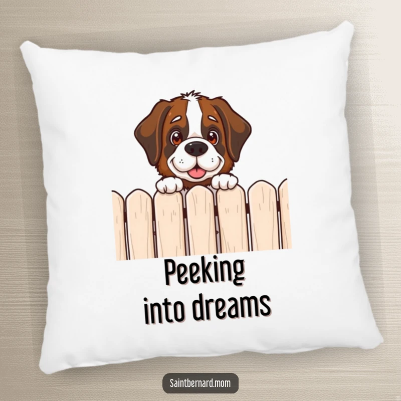 Funny Saint Bernard pillow featuring a dog peeking over a fence with a friendly, curious expression, embodying warmth.