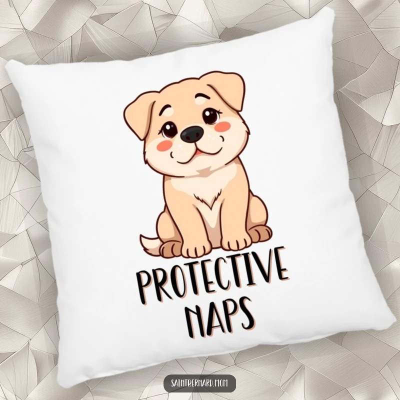 Funny Pillow: A large dog sits with a calm, protective demeanor, watching intently, bringing comfort and quiet humor.