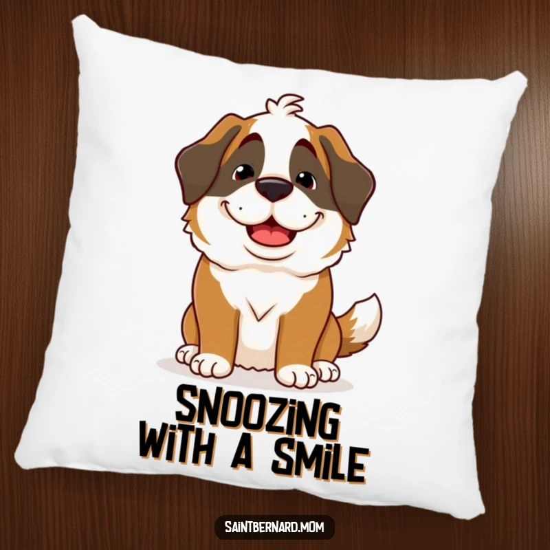 Funny Saint Bernard Lady Pillow featuring a dog with a goofy grin and wagging tail, perfect for adding comfort and cheer.