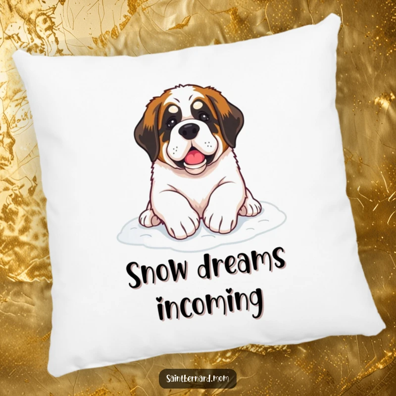 Funny Saint Bernard dog pillow with paws resting on soft snow, a cozy and humorous winter decoration.