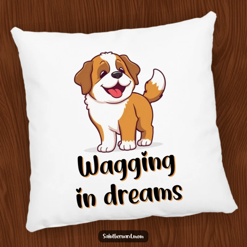 Funny Saint Bernard pillow depicting a happy dog in a full-body wiggle caused by an ecstatic tail wag, offering comfort.