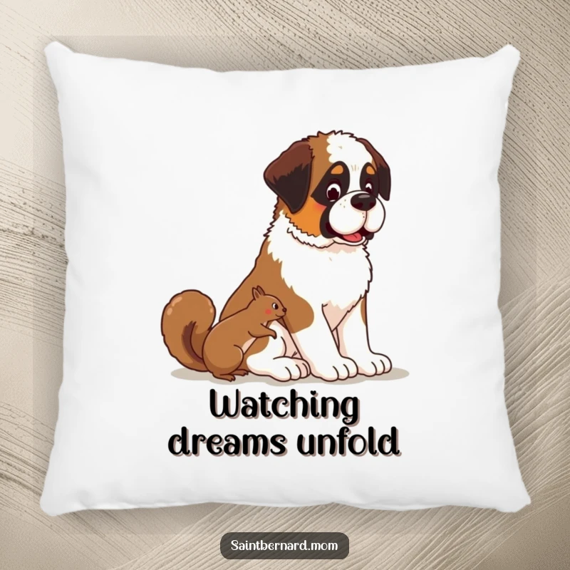 Funny Kawaii Saint Bernard dog pillow, soft cushion with a patient pup watching a squirrel, cozy and decorative.
