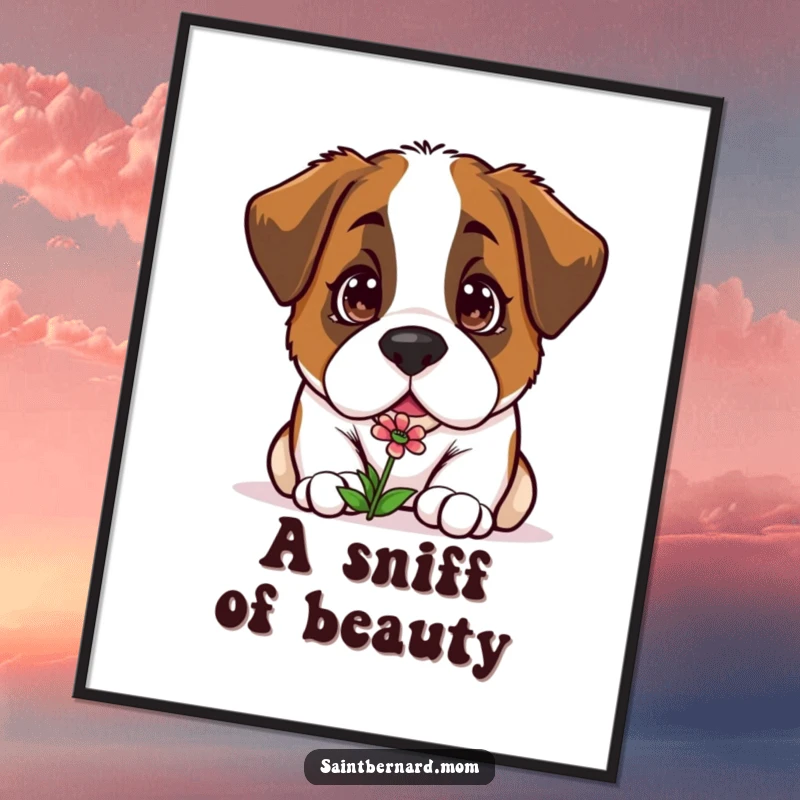 Funny Kawaii Saint Bernard digital art print, a curious dog sniffing a small flower, ideal for serene nature decor.