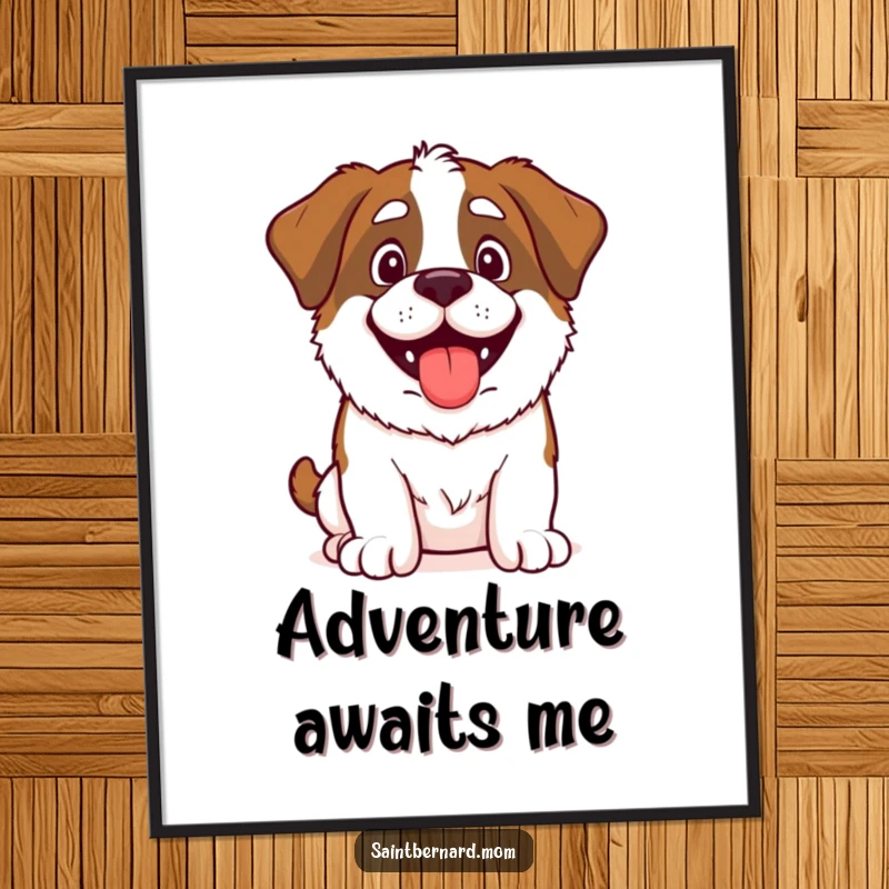 Funny Saint Bernard digital art print of a happy, panting dog, poised for adventure and bringing cheerful energy to any room.
