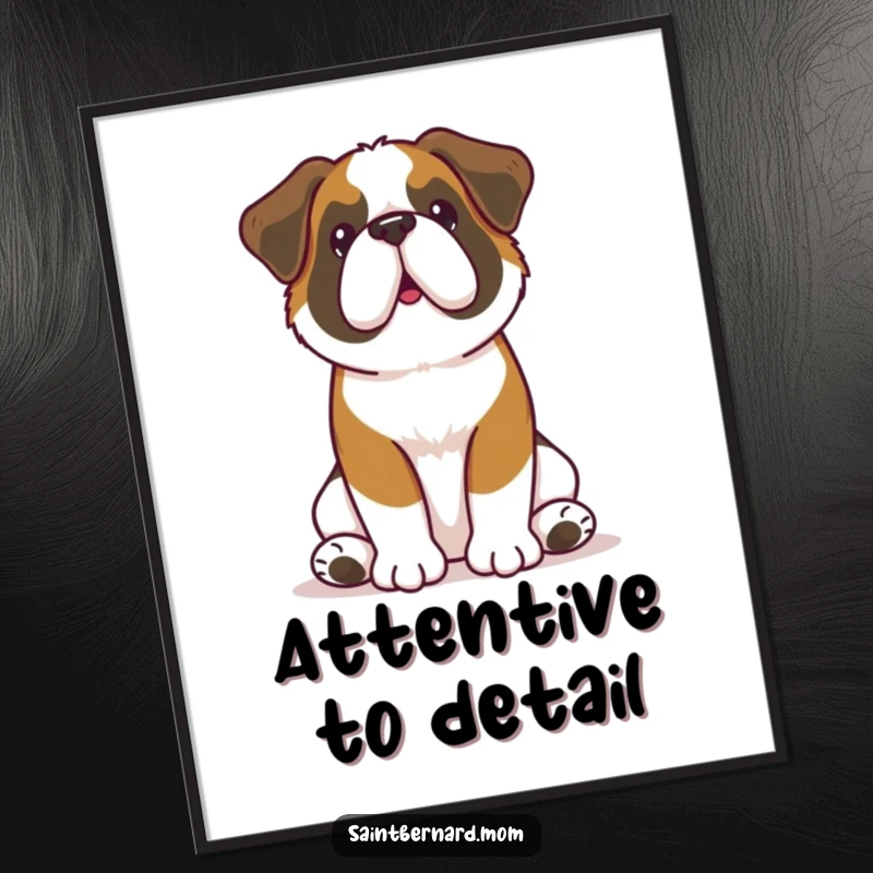 Funny Kawaii Saint Bernard digital art print of a dog sitting attentively with perked ears, perfect for instant, loyal, and humorous decor.