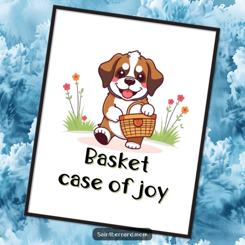 Funny kawaii Saint Bernard dog grinning widely while carrying a tiny picnic basket, captured in a digital art print.
