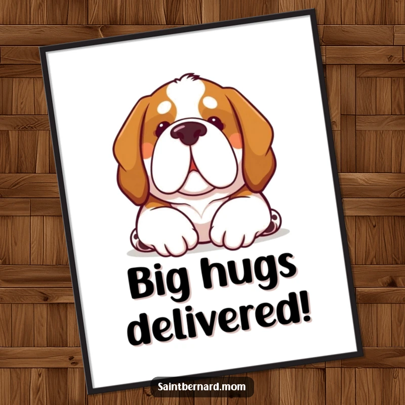 Funny Kawaii Saint Bernard dog digital art print, pup offering a gentle nuzzle, conveying comfort and love.