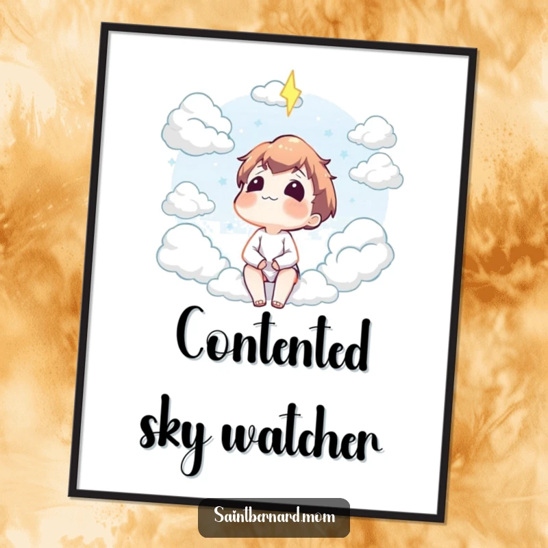Funny digital art print of a character gazing upwards at fluffy clouds with an expression of serene contentment and peaceful joy.
