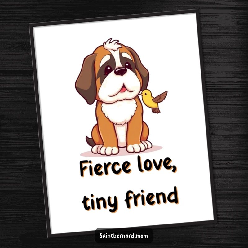 Funny Saint Bernard digital art print of a dog in a protective stance, looking fondly at a small bird, symbolizing care.