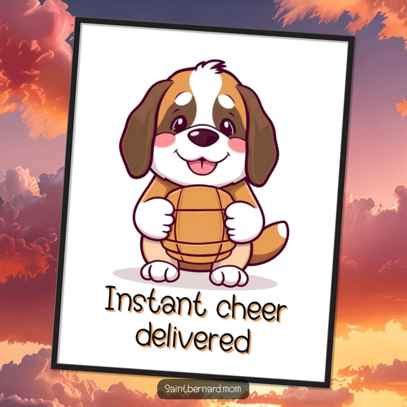 Funny Kawaii Saint Bernard digital art print, a smiling dog holding a small barrel, ideal for instant cheerful wall decor.