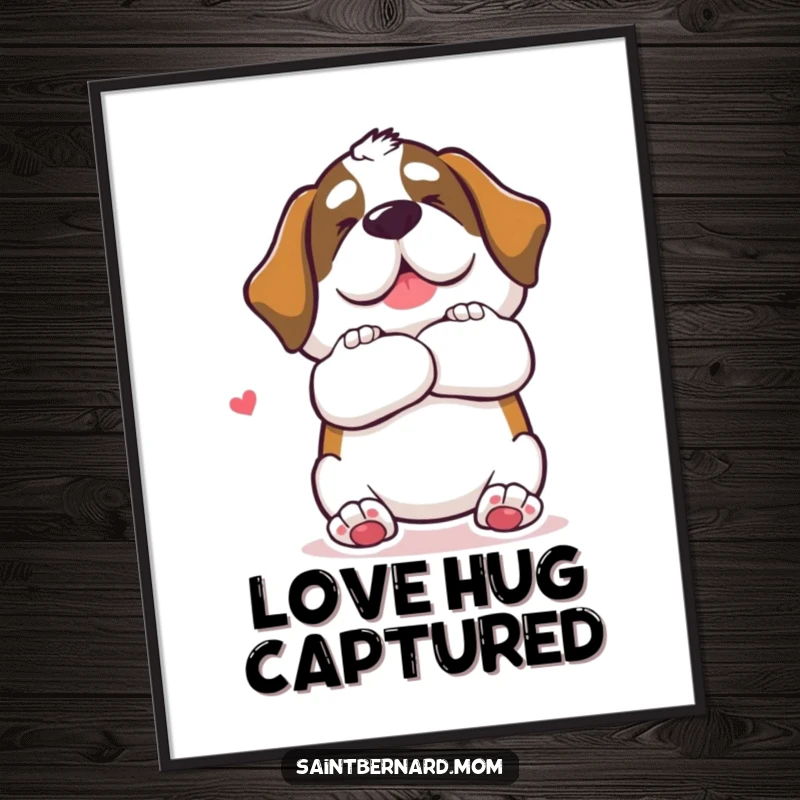 Funny Saint Bernard dog digital art print offering a giant, loving hug gesture, a heartwarming and humorous decoration.