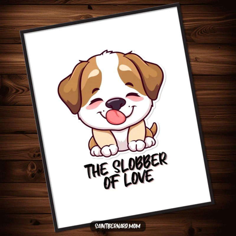 Funny Saint Bernard dog character happily offering a comforting lick in a high-resolution digital art print.