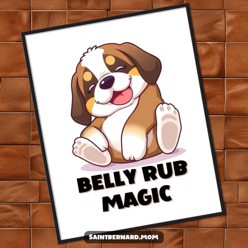 Funny Saint Bernard puppy digital art print, a dog hilariously rolling on its back, begging for belly rubs, perfect for instant, humorous decor.