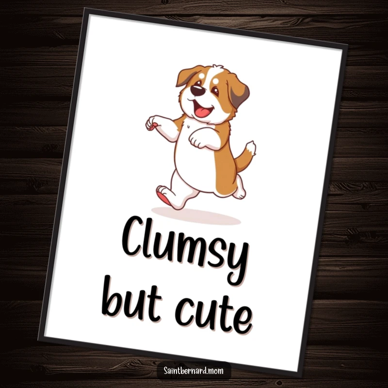 Funny Saint Bernard puppy digital art print of a dog dancing with clumsy, happy steps, conveying pure joy.