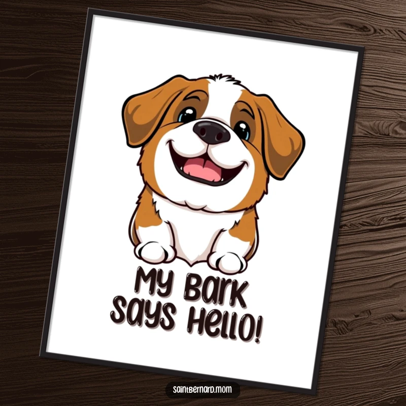 Funny Kawaii Saint Bernard dog digital art print, cheerful barking pup with a welcoming grin, high-quality decor.