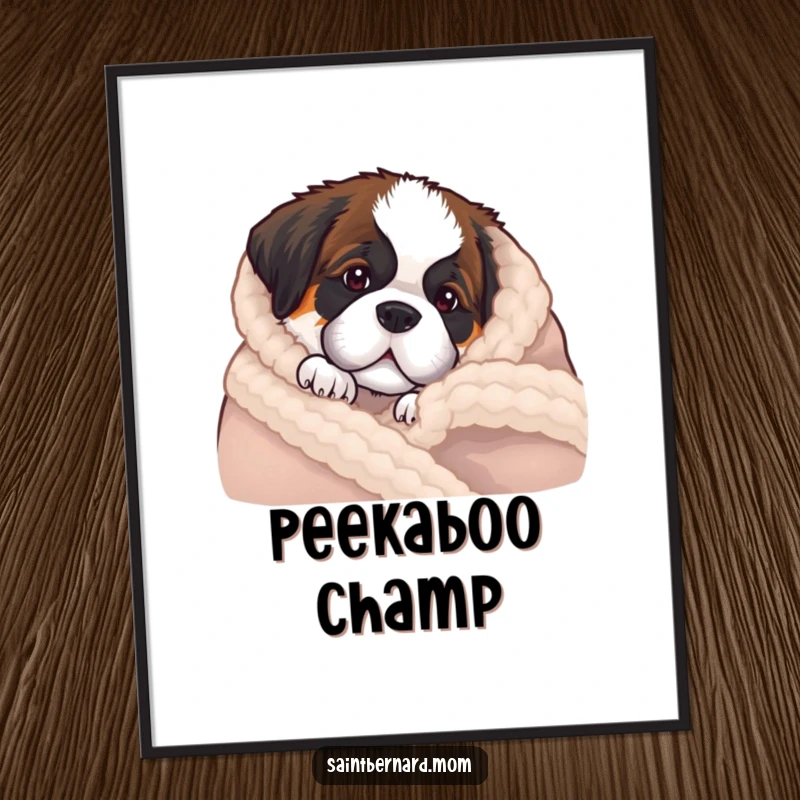 Funny Saint Bernard puppy digital art print of a dog peeking playfully from behind a cozy wool blanket, exuding comfort.