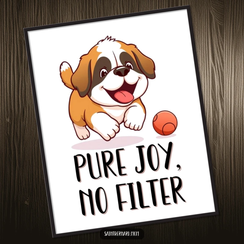 Funny Saint Bernard digital art print capturing a dog's pure, joyful abandon while chasing a rolling ball with playful excitement.