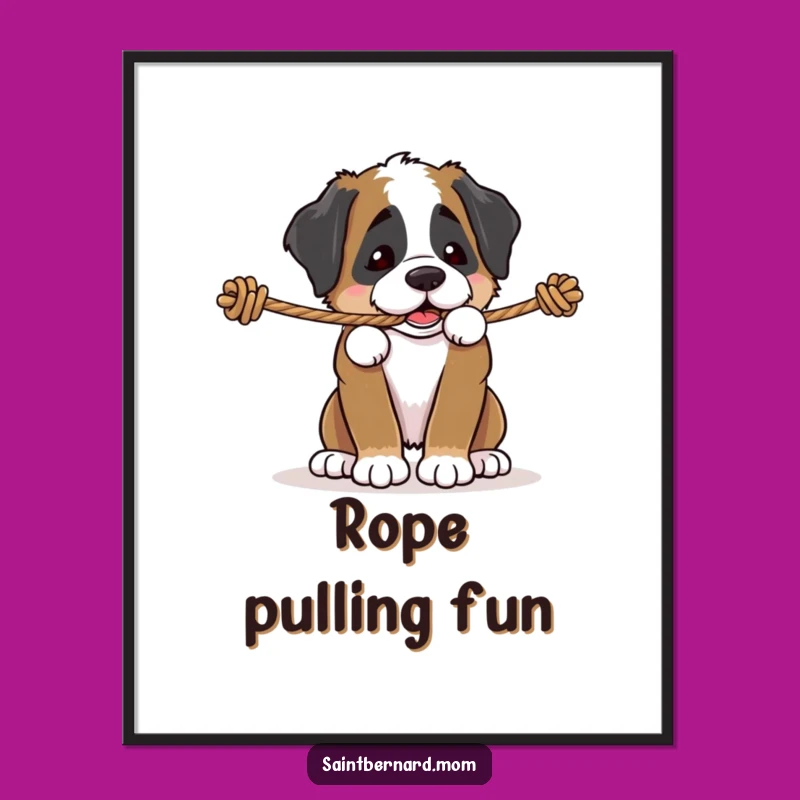 Funny Saint Bernard Puppy Rope Tug Digital Print - Playful Dog Art