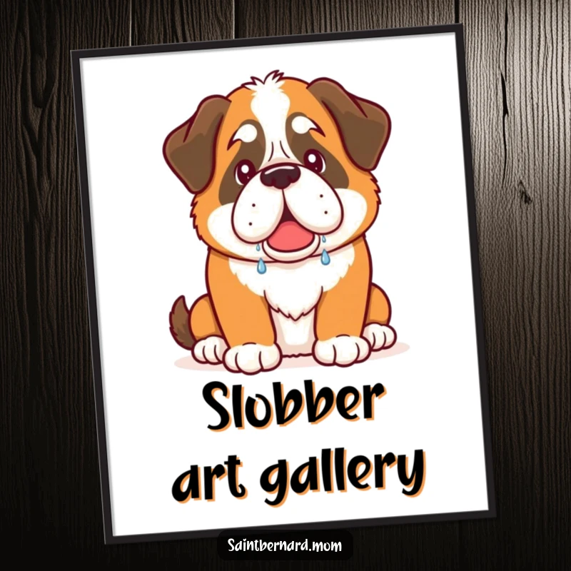 Funny Saint Bernard dog digital art print with warm, friendly drool, a humorous and easily downloadable decoration.