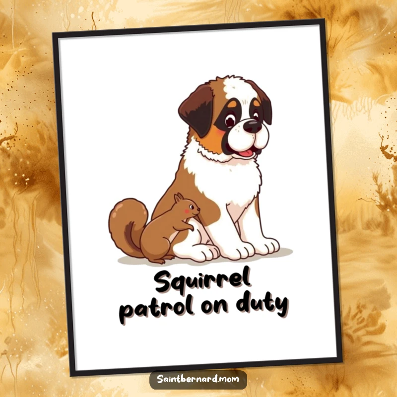 Funny Kawaii Saint Bernard dog digital art print, calm pup patiently watching a squirrel, high-quality decor.