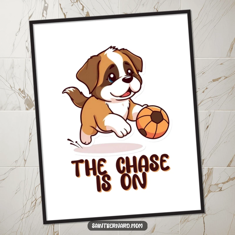 Funny Kawaii Saint Bernard digital art print of a dog with a determined look, chasing a rolling ball, perfect for instant, playful decor.