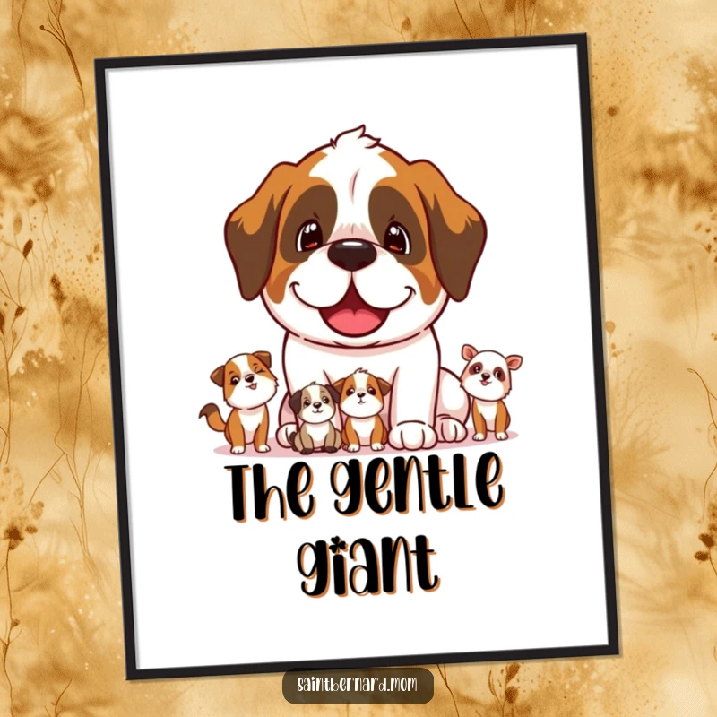 Funny Saint Bernard dog character joyfully and protectively watching over smaller animals in a high-resolution digital art print.