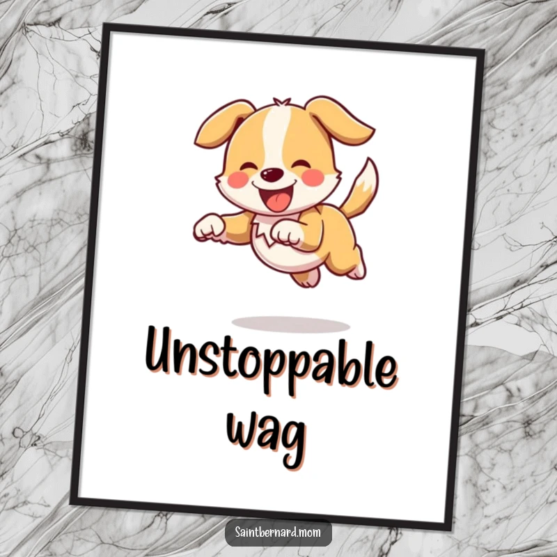 Funny digital art print of a dog character joyfully bounding with its tail held high and wagging, ready to be printed and displayed.